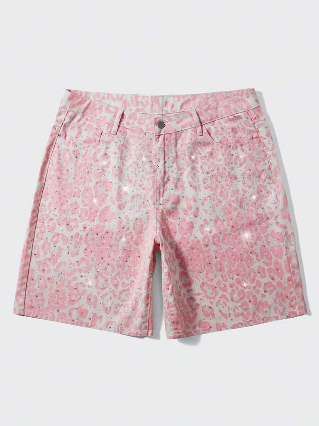 pink leopard print rhinestone denim shorts