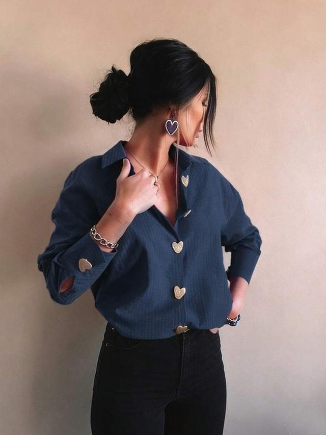 women's elegant blue striped heart button shirt