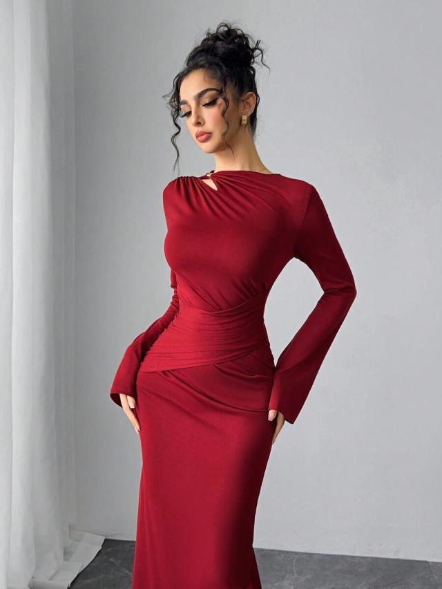dark red flared sleeve pleated fitted elegant dress