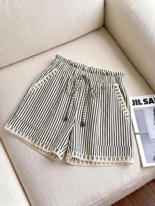 striped paper bag waist shorts with lace trim