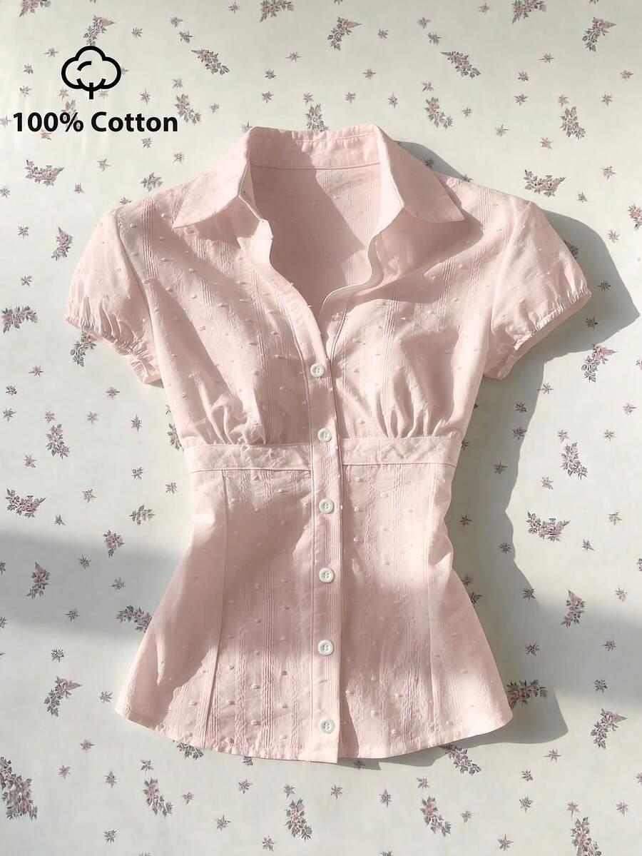 pink textured jacquard waist cinching short sleeve blouse