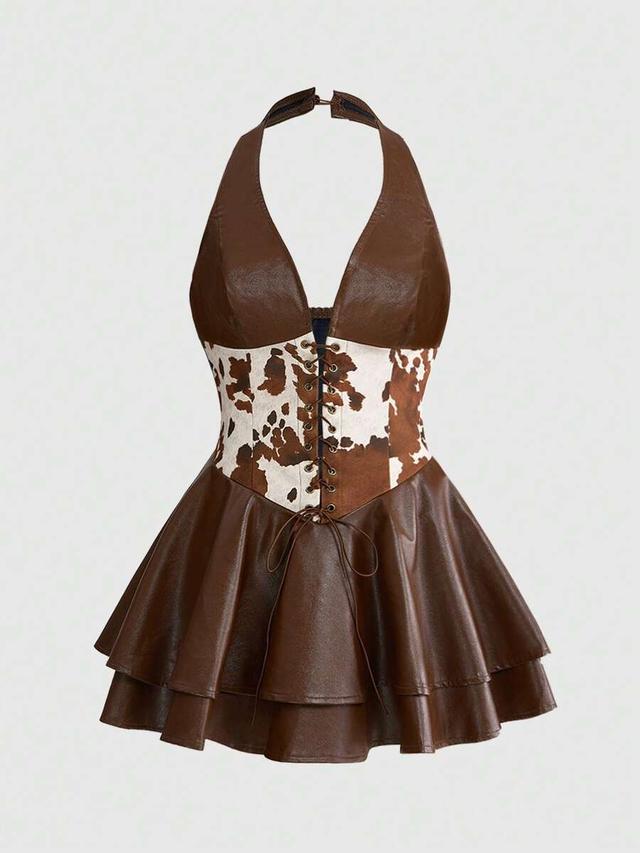 brown cow print patchwork pu halter neck dress