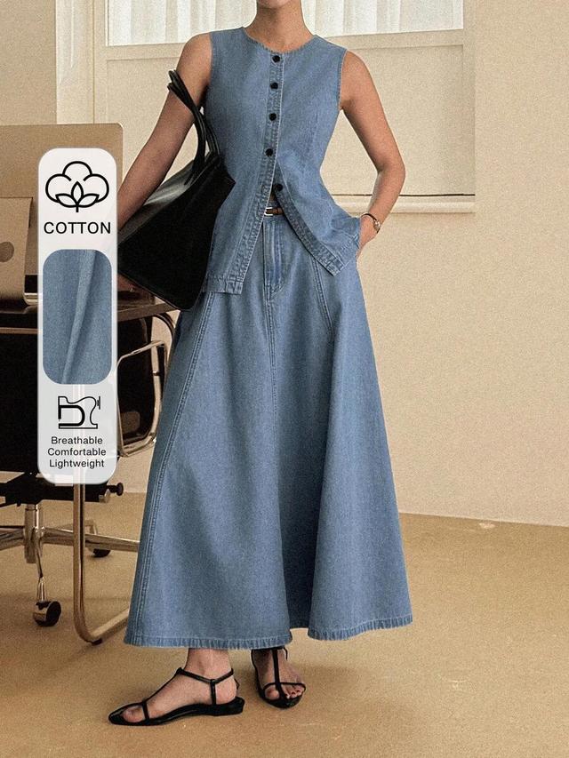 waist cinched denim vest and a-line skirt set