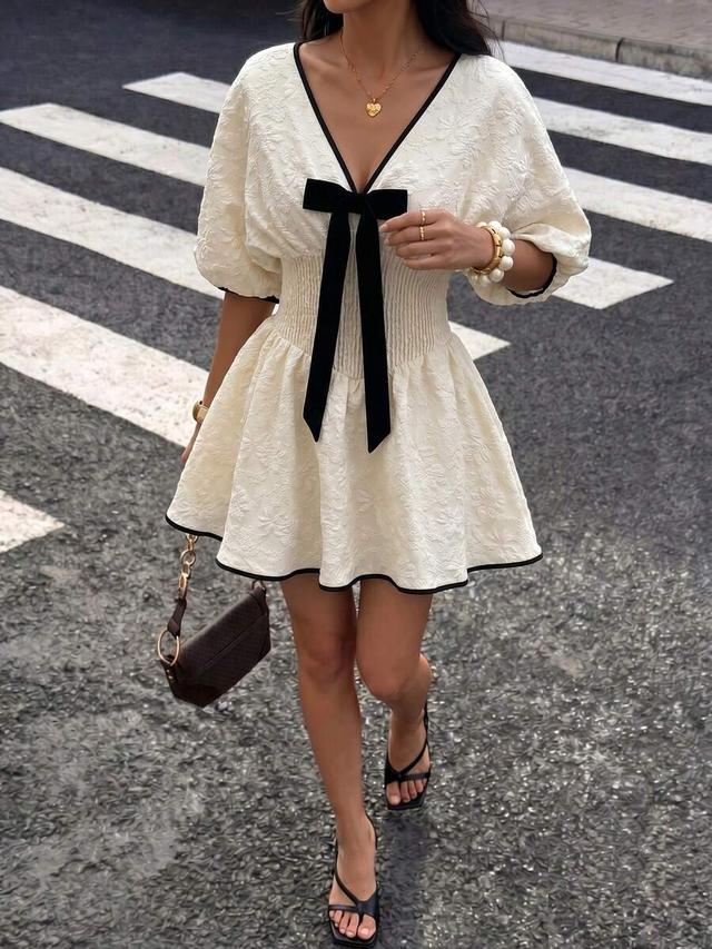 siren gaze cream floral jacquard bow tie dress