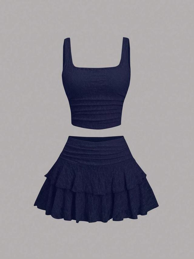 navy lace ruffle camisole and cake skirt set