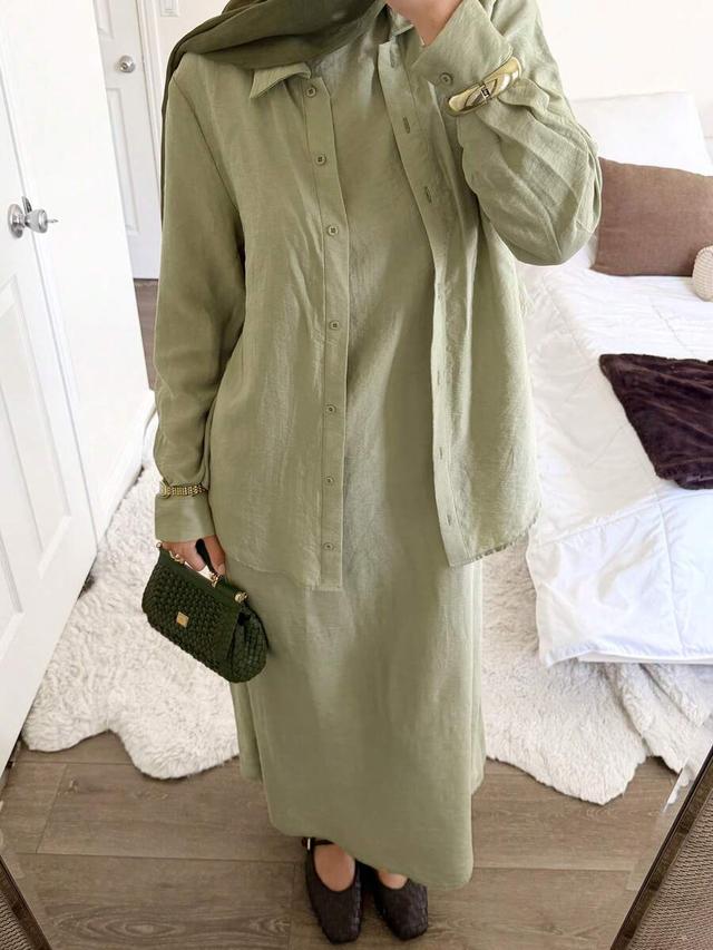 sage green button down shirt and maxi skirt set