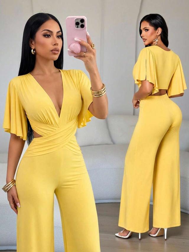 yellow v-neck jumpsuit with flutter sleeves and cutouts