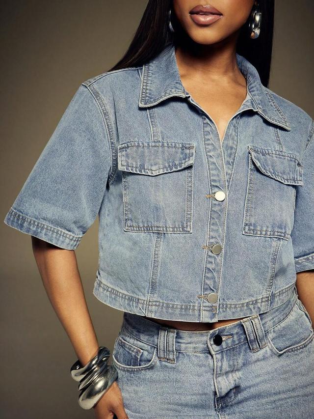 light wash cropped denim button up shirt
