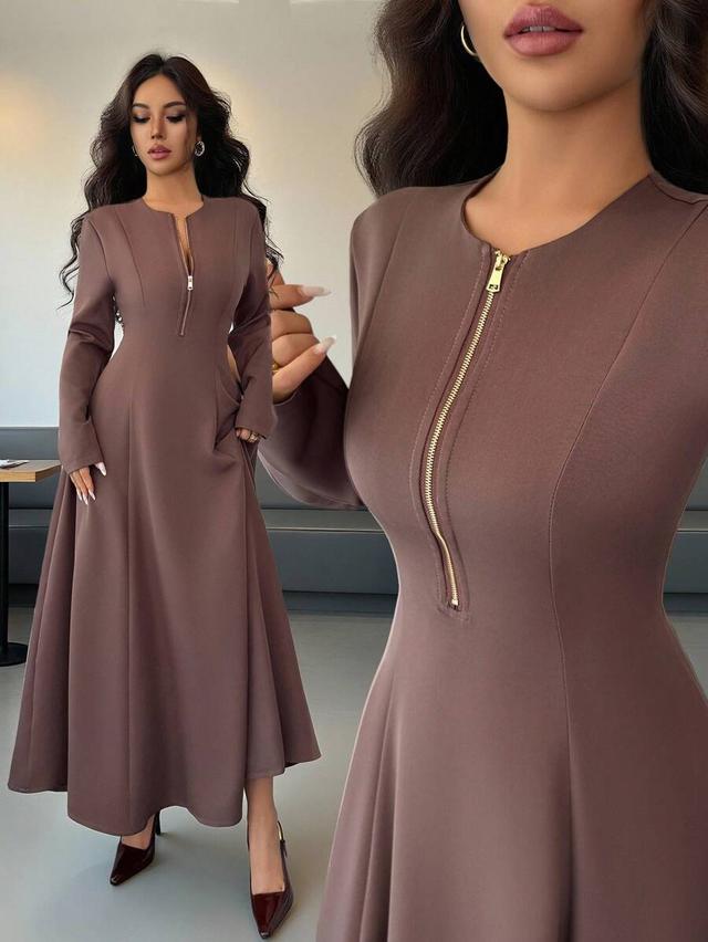 elegant coffee brown midi dress with front zipper
