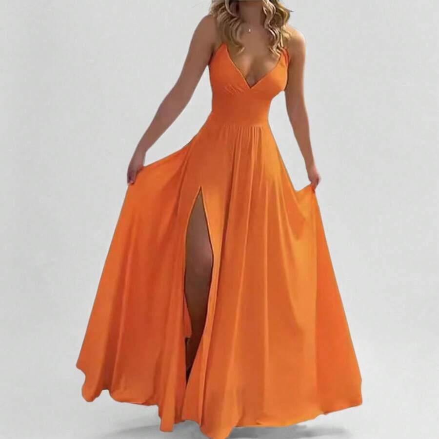 v-neck orange satin maxi dress with thigh slit