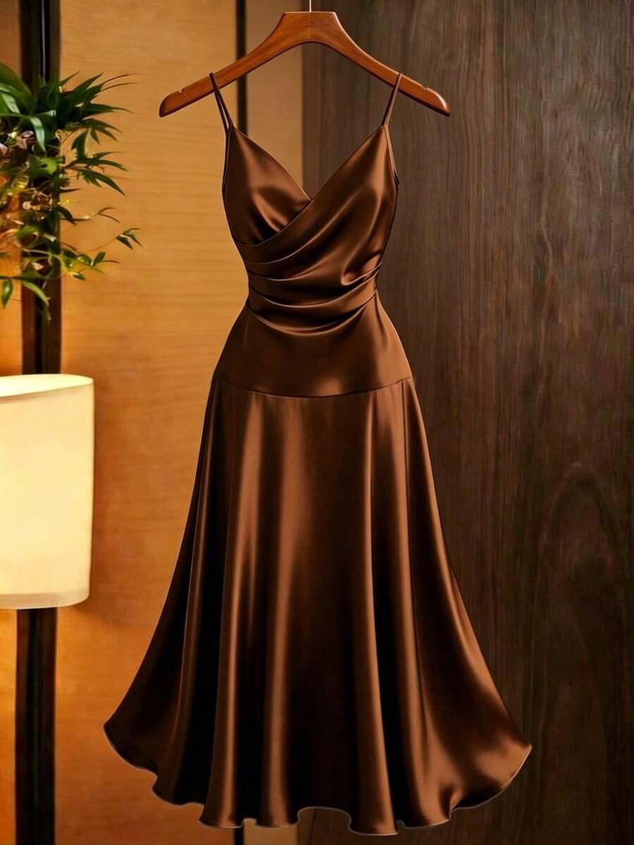 brown satin crossover v-neck midi dress