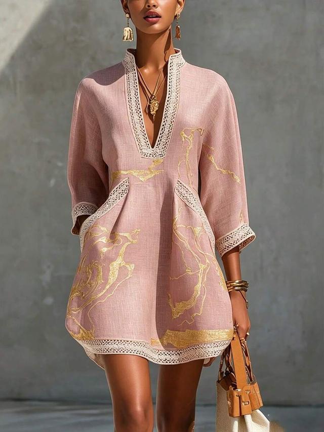 pink linen tunic dress with gold foil and lace