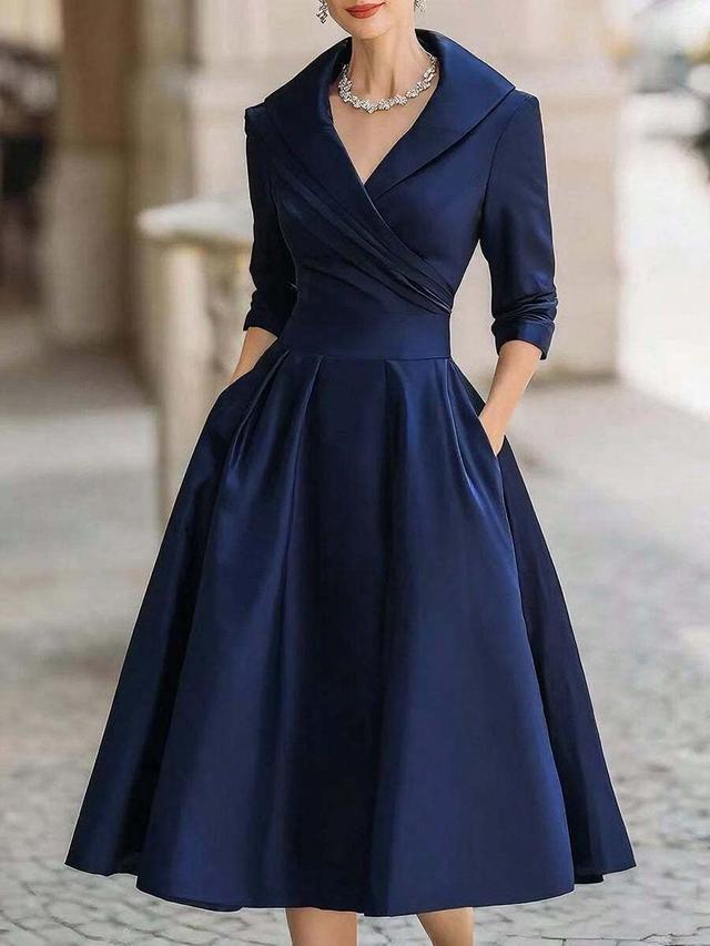navy satin wrap midi dress with collar