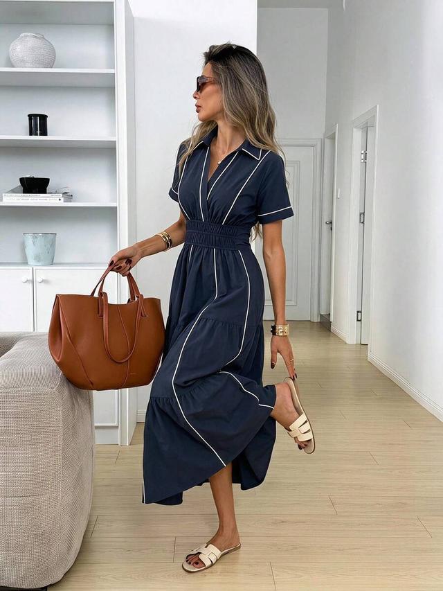 navy wrap contrast trim tiered a-line dress