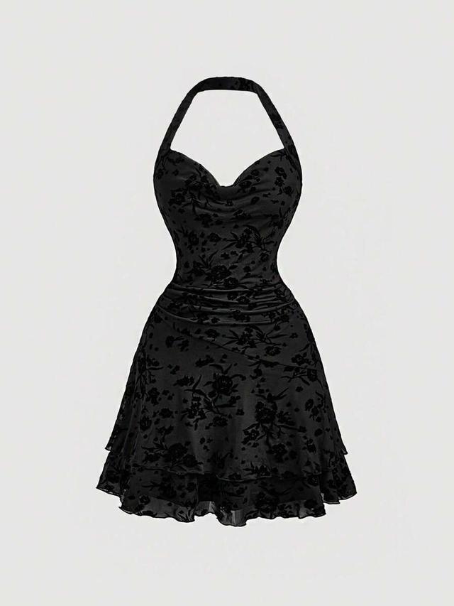 black floral velvet halter neck mini dress