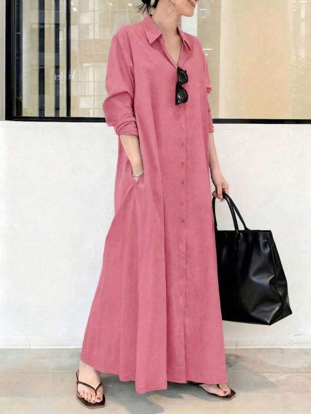 relaxed pink button front long shirt dress