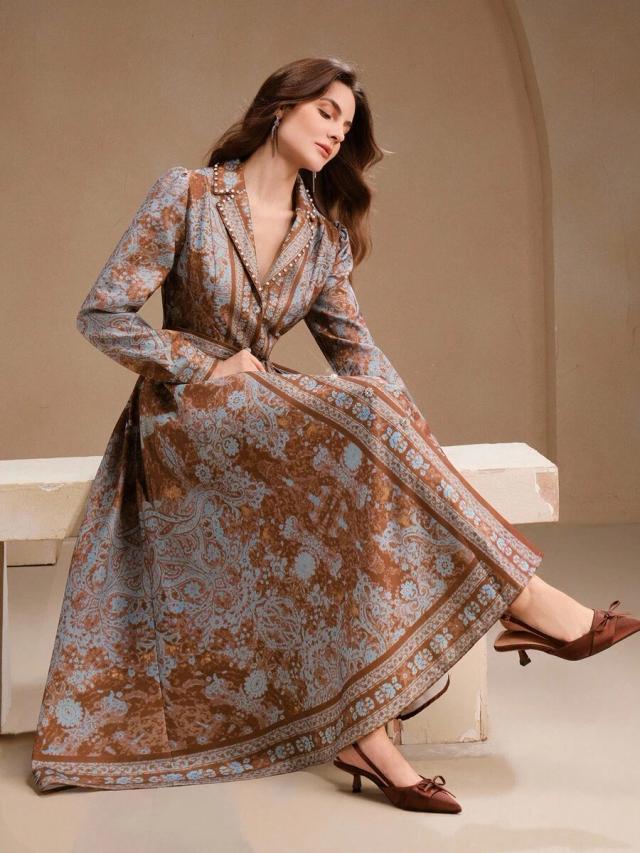 brown vintage bohemian print tie-front long dress