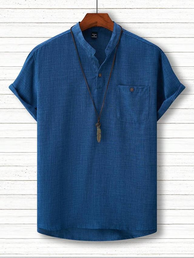 manfinity homme loose-fit solid blue notched neckline shirt