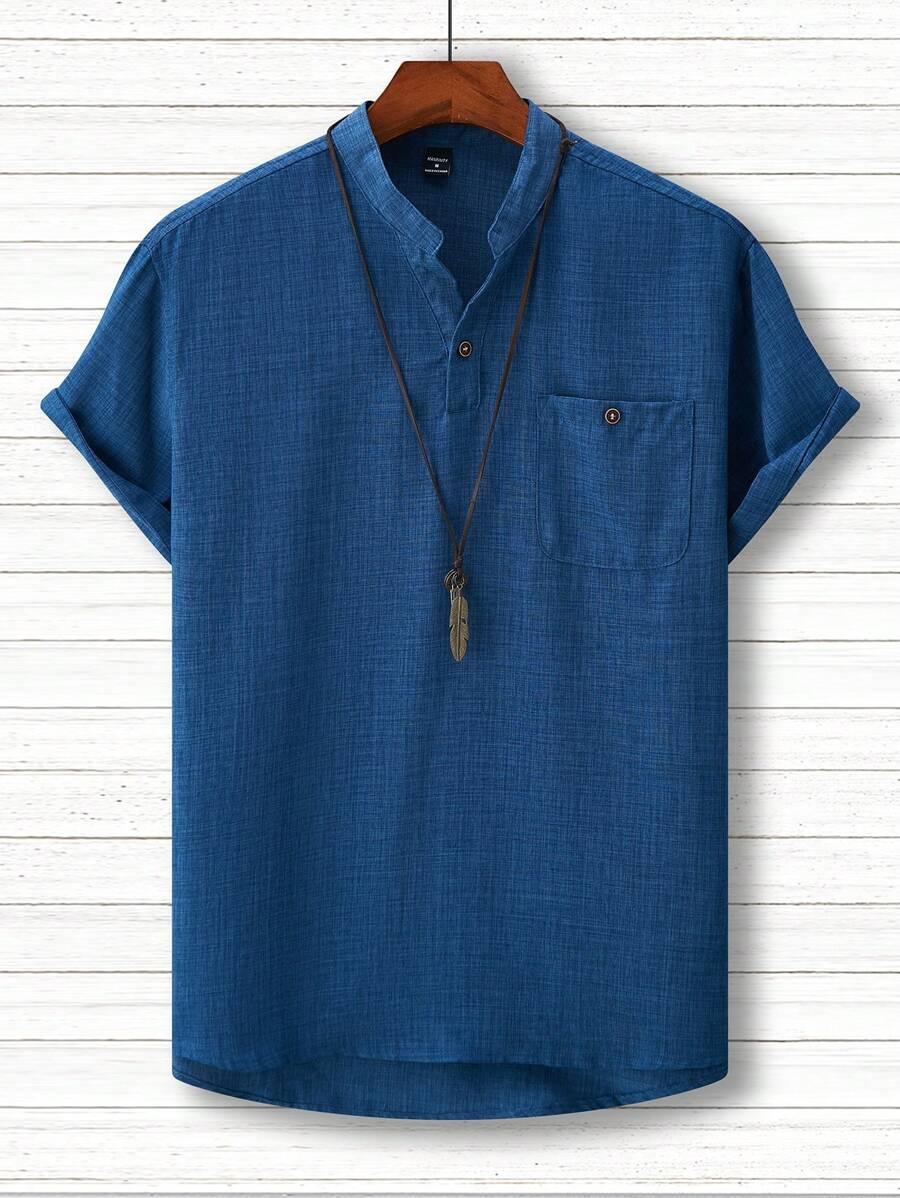 manfinity homme loose-fit solid blue notched neckline shirt