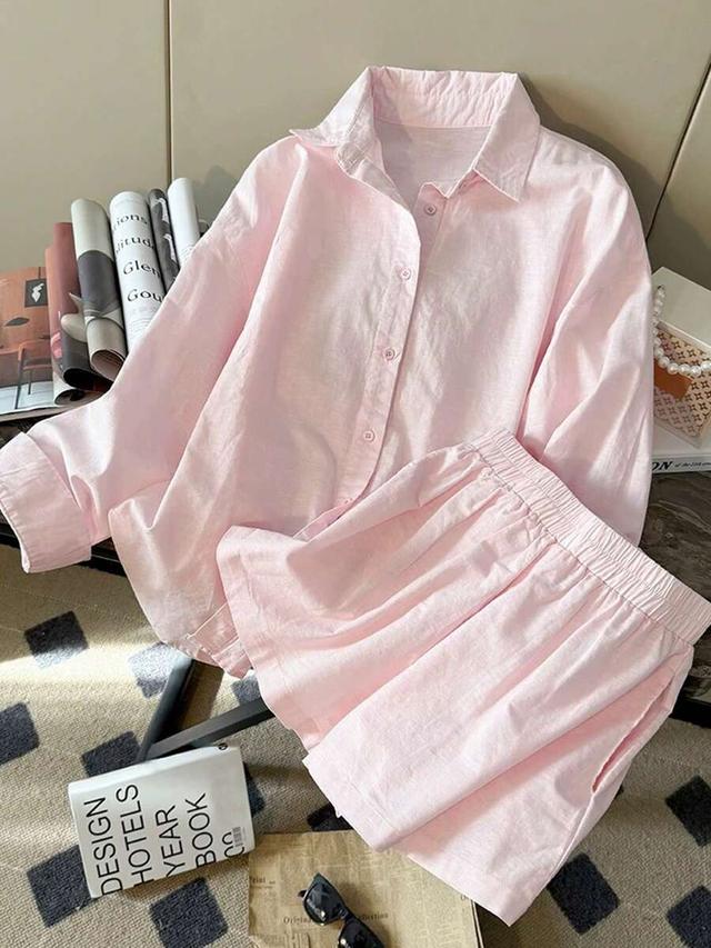 resyla pink linen casual loose shirt and shorts set