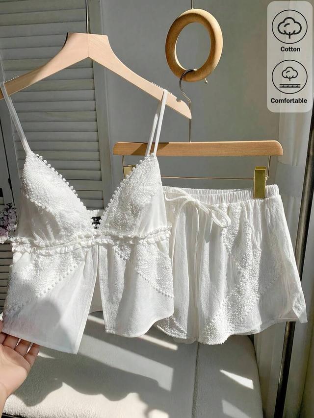 white cotton lace spliced strap top and shorts set