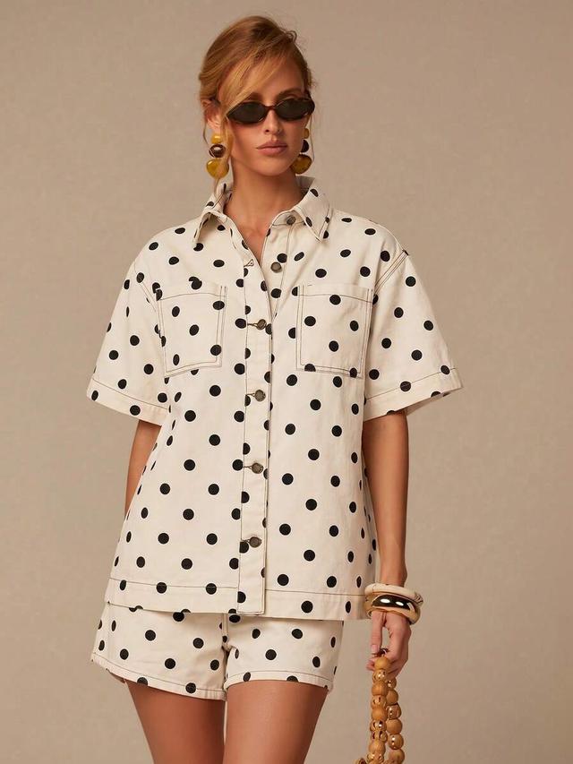polka dot denim shirt and shorts set