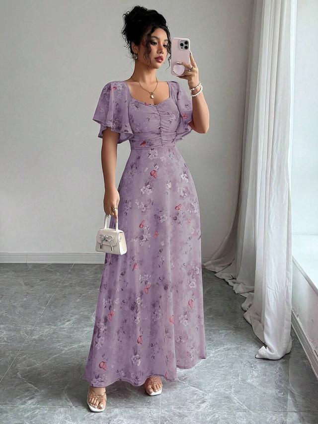 purple chiffon butterfly print pleated french style dress