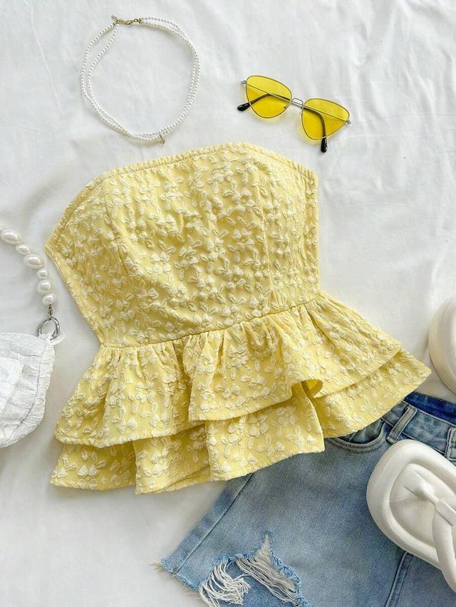 yellow jacquard tie backless peplum tube top