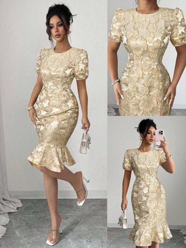 golden floral textured jacquard puff sleeve midi dress