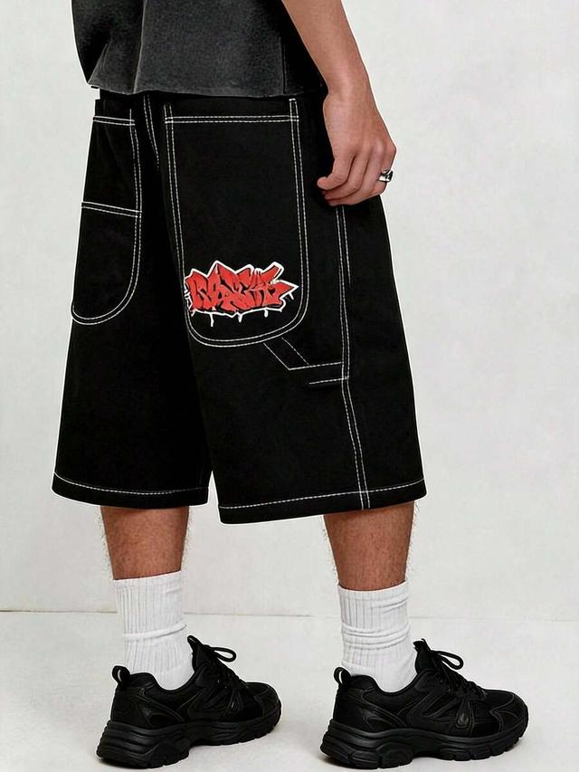 men's wide leg distressed black denim shorts with contrast stitching