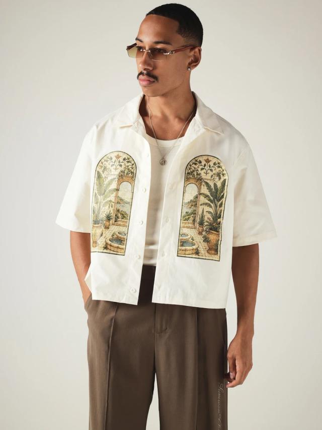 vintage-inspired botanical garden print boxy camp collar shirt