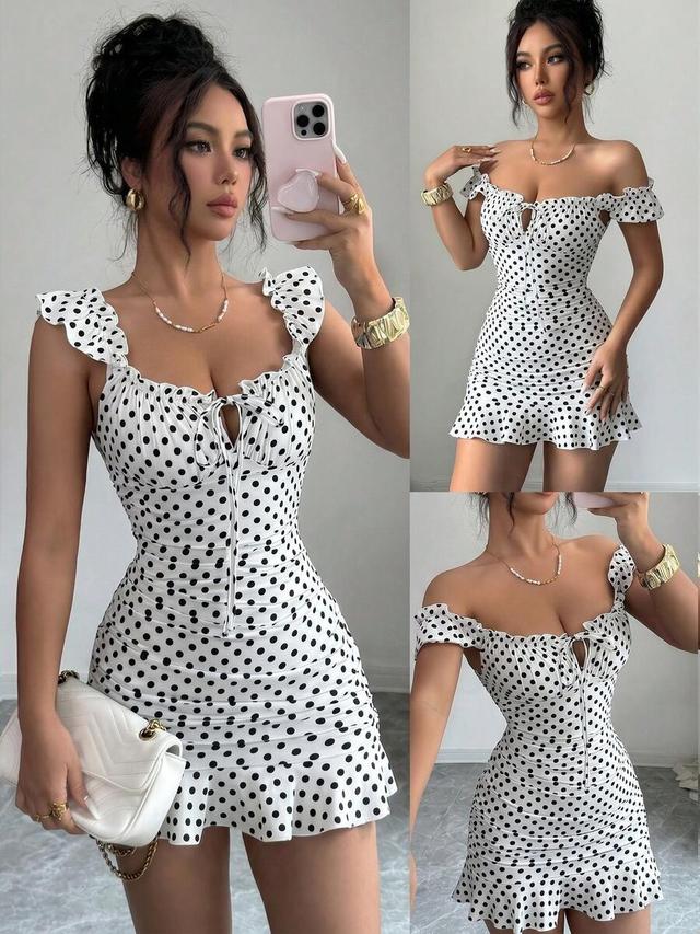 white polka dot tie front ruffle hem mini dress