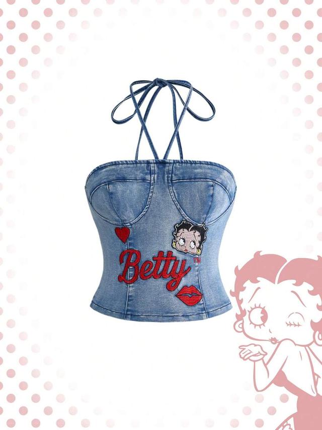betty boop embroidered denim halter corset top