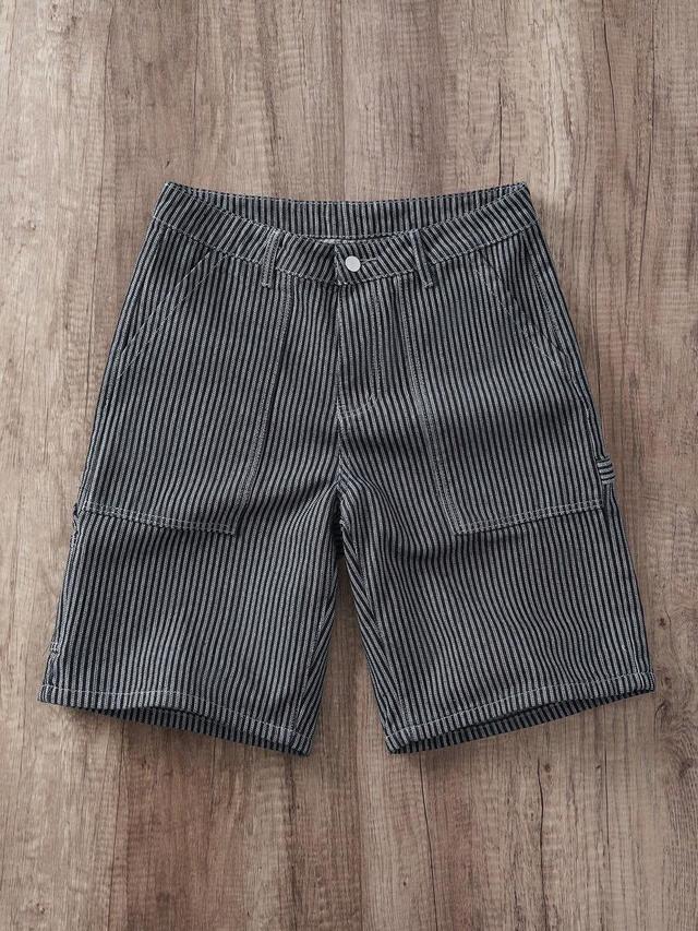 black and white vertical striped denim cargo shorts