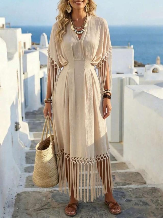 light beige v-neck fringe decor waist cinched long dress