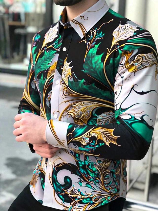 green and gold floral print long sleeve shirt