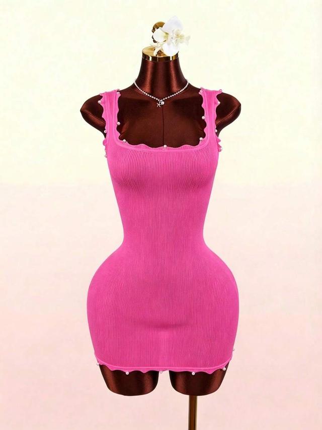 hot pink ribbed knit mini dress with pearl trim