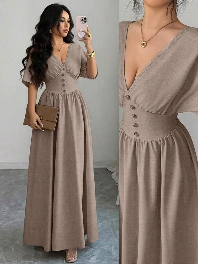 casual elegant khaki linen v-neck buttoned long dress