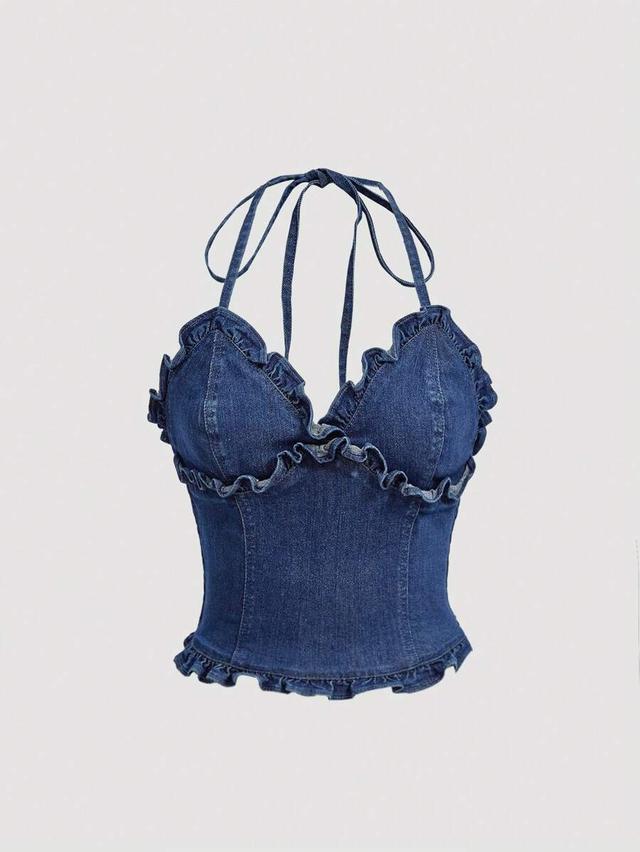 vintage wash denim halter top with ruffle trim