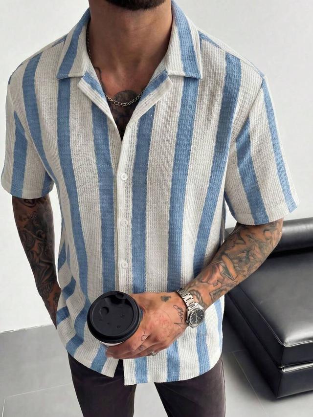 mediterranean style striped cuban collar vacation shirt