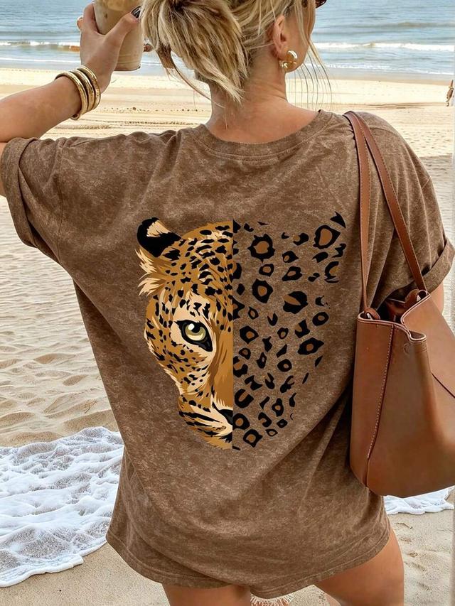 women's casual leopard print round neck brown t-shirt