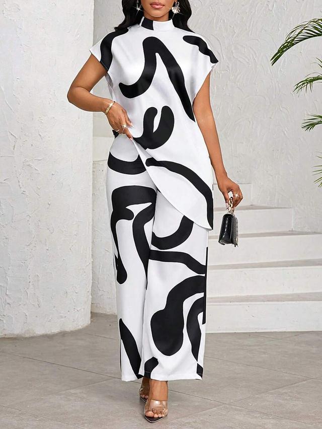 geometric print two piece set with mock neck top