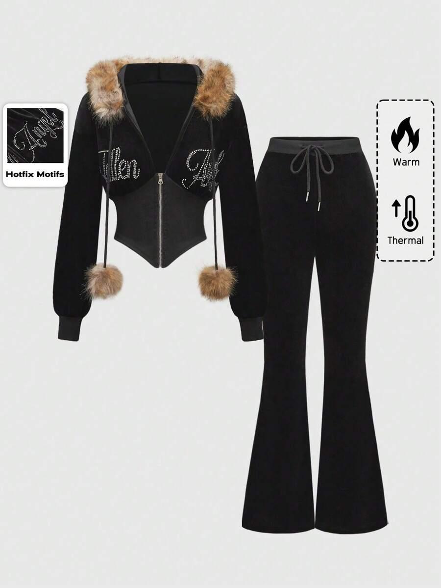 velvet y2k rhinestone patchwork hooded coat set