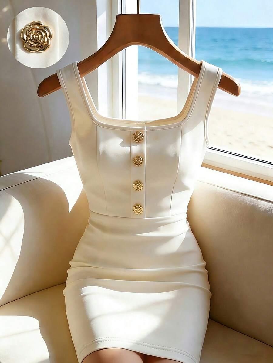elegant square-neck metallic button bodycon cream white dress