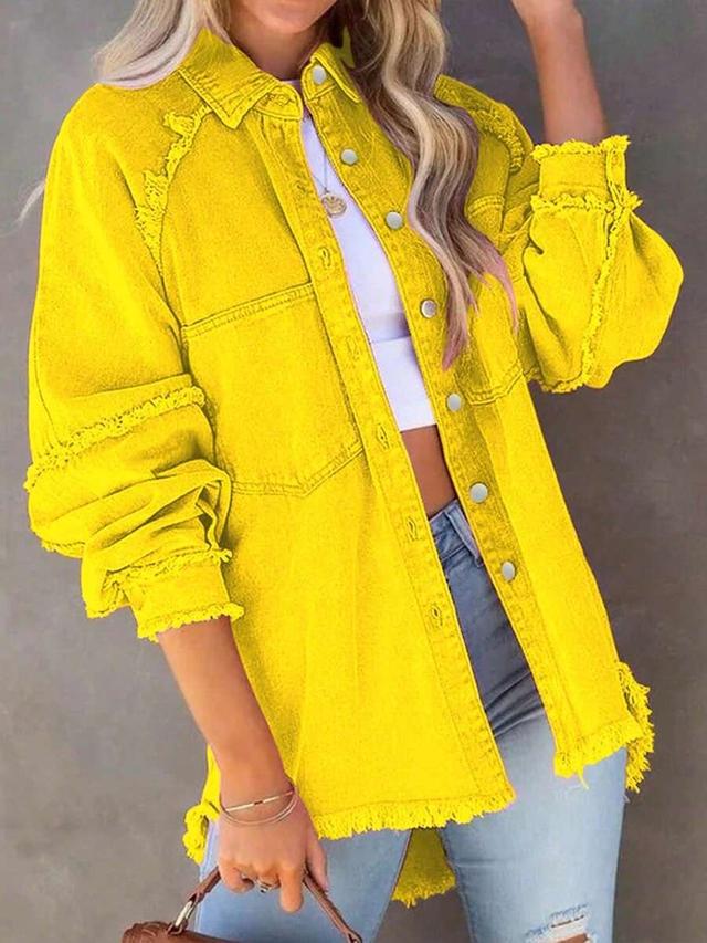 bright yellow distressed denim button-up shirt jacket