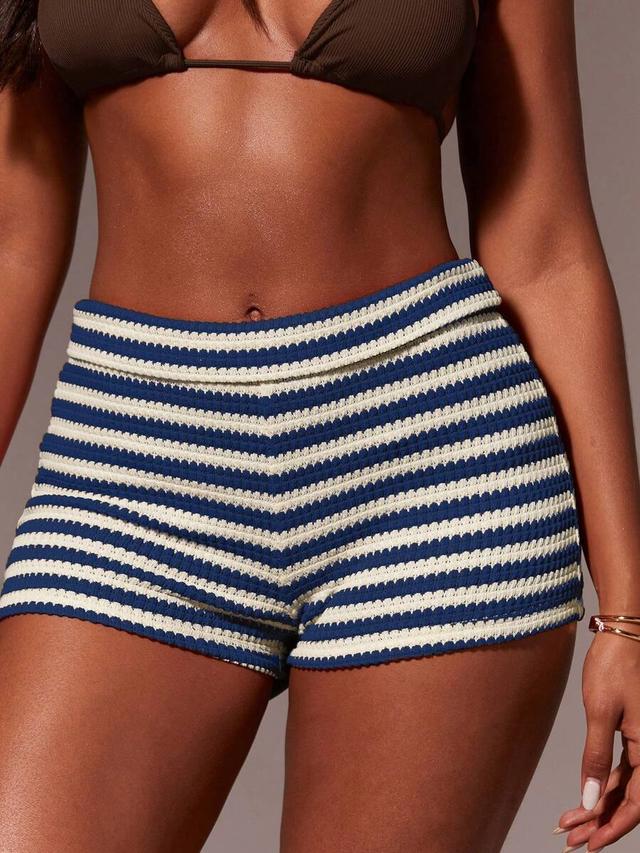 women's striped elastic waist casual knit shorts