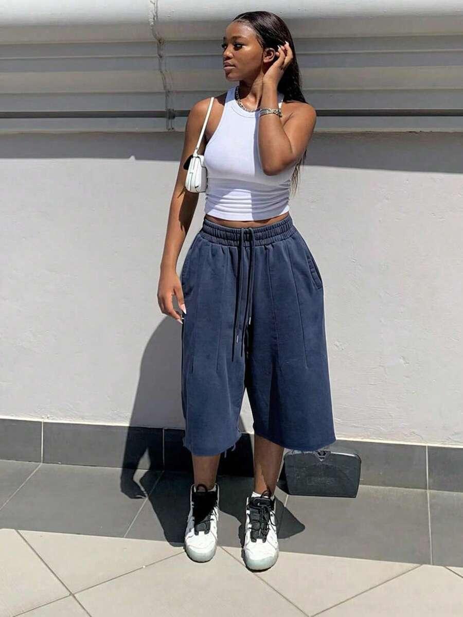 minimalist navy blue drawstring wide leg cropped pants