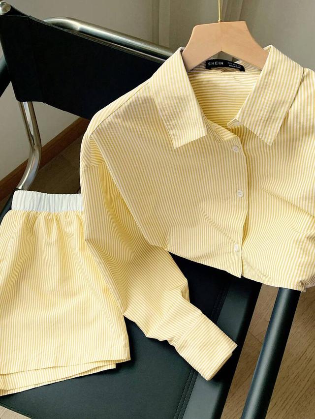 yellow striped woven cotton cropped button-up shirt