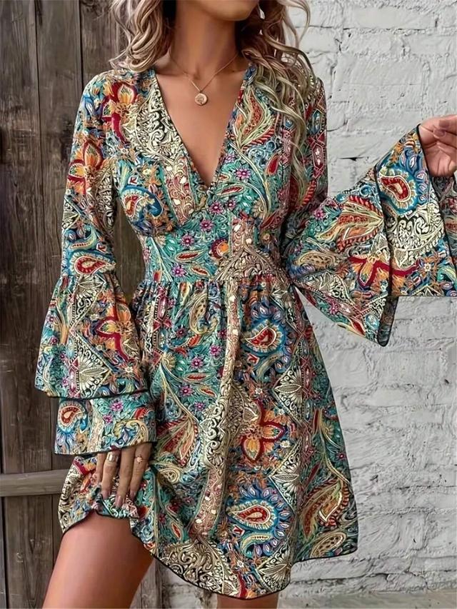 multicolor paisley print v-neck dress with bell sleeves