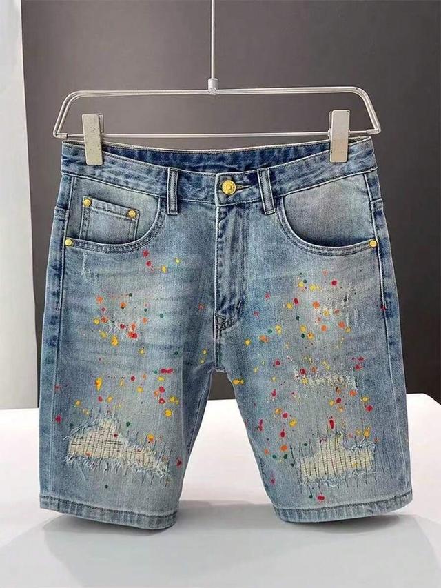 men's light blue paint splatter embroidered denim shorts